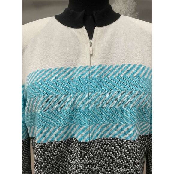Ming Wang M Knit Jacket Sweater White Aqua Black Zigzag 3/4 Sleeve Zip Cardigan - Picture 6 of 9